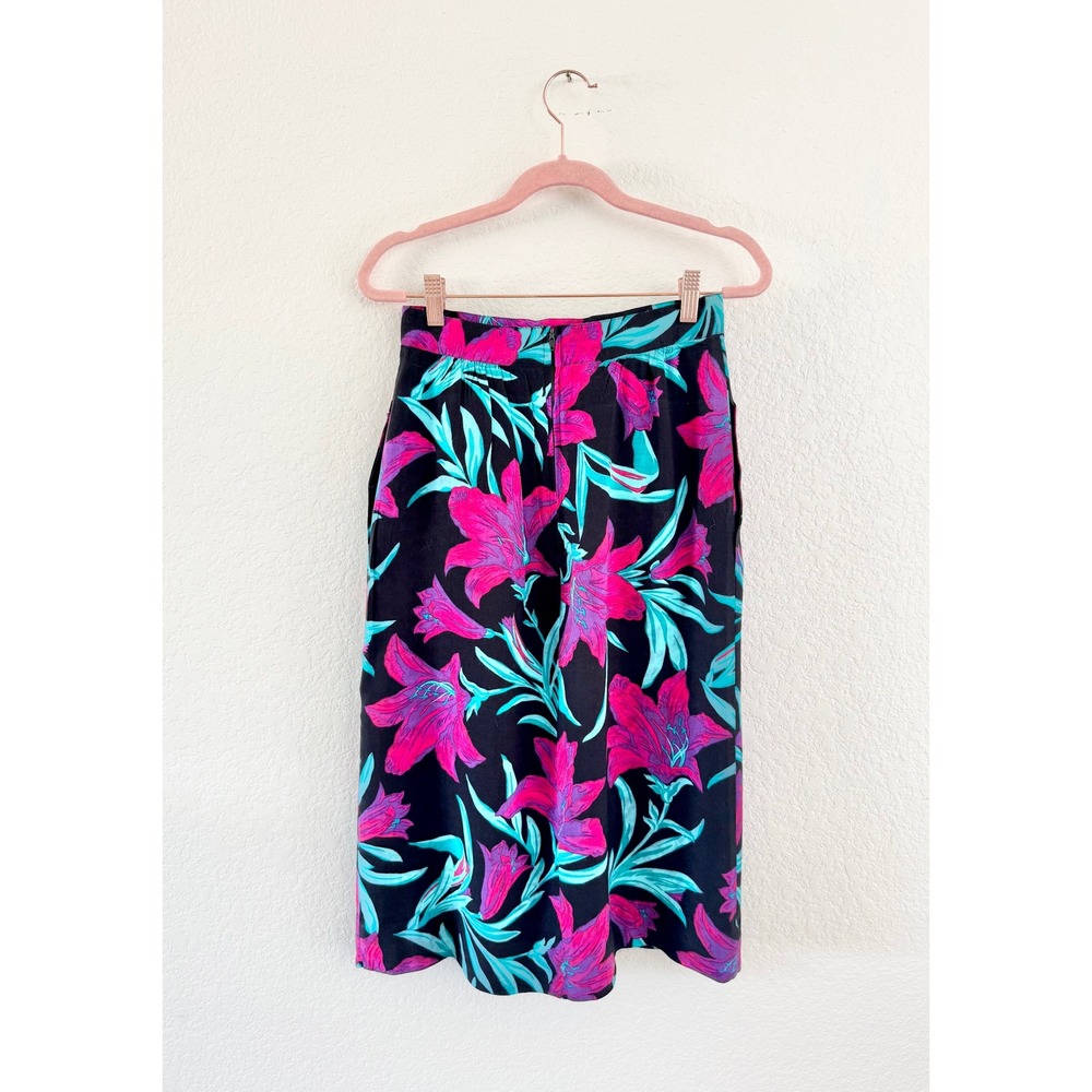 In Group Ltd Floral Midi Skirt Womens 28 Waist Black Pink Rayon Vintage 80s USA‎